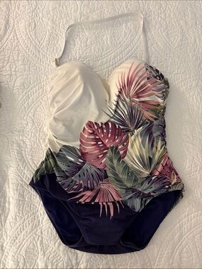 Bleu Rod Beattie White Navy Tropical Leaf One-Piece Swimsuit